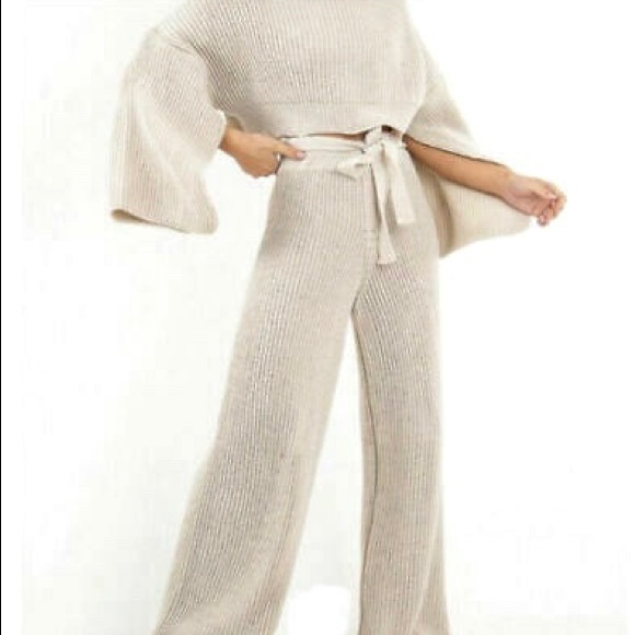 Knit ribbed wide leg oatmeal tan palazzo pants medium M L - Picture 1 of 4